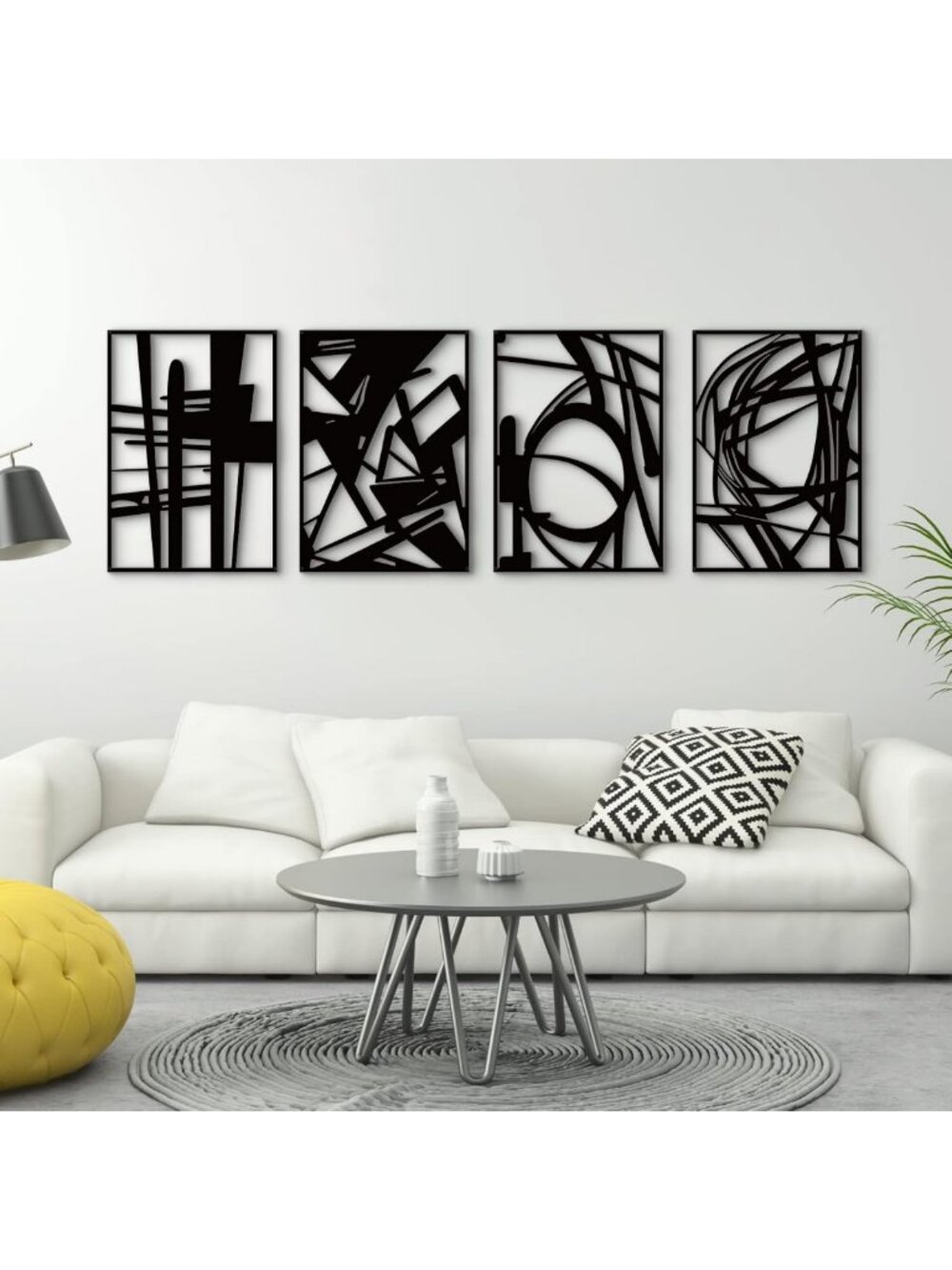 4 Pack Black Abstract Metal Wall Art - Minimalist 3D Textured Decor for Home